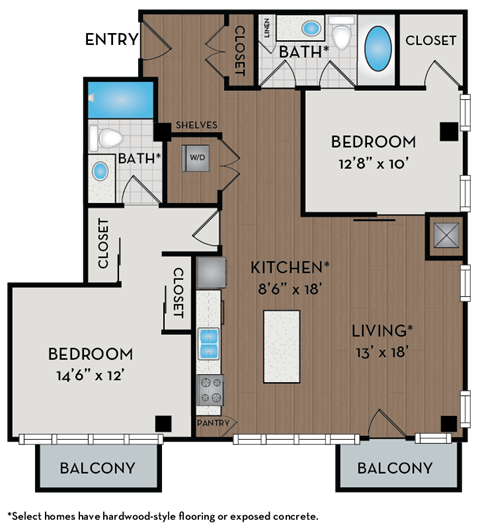 A floor plan of a home with two bedrooms, a living room, a kitchen, a pantry, and two bathrooms.